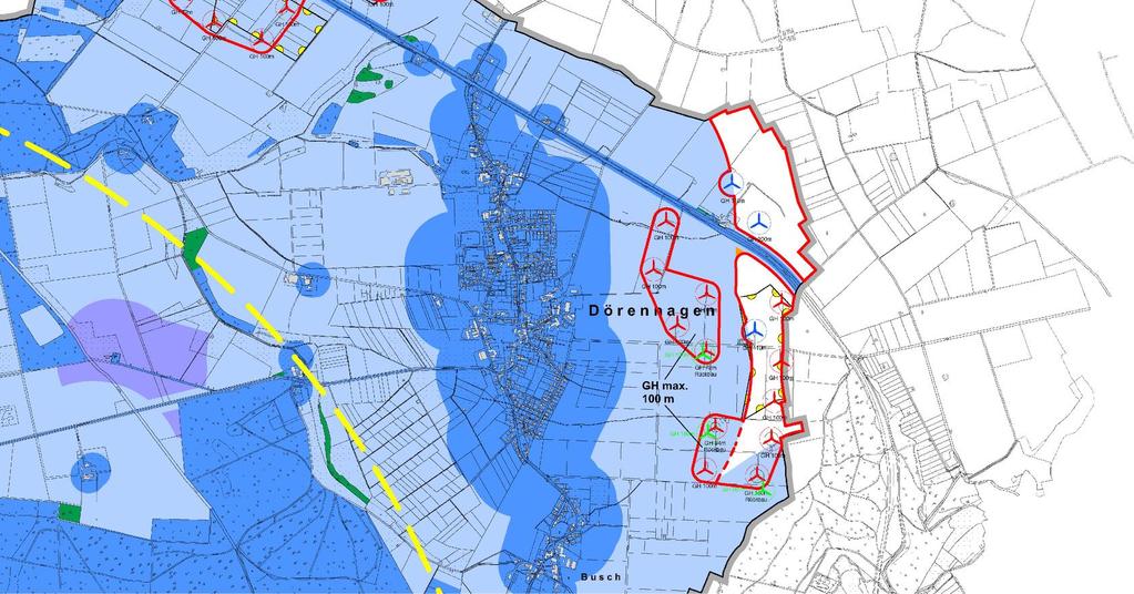 Dörenhagen-Ost (rote Anlagen vorhanden, blaue genehmigt, grün in Planung) Abwägungsnotwendigkeit zwischen gleichwertigen Schutzansprüchen der Bürger und den