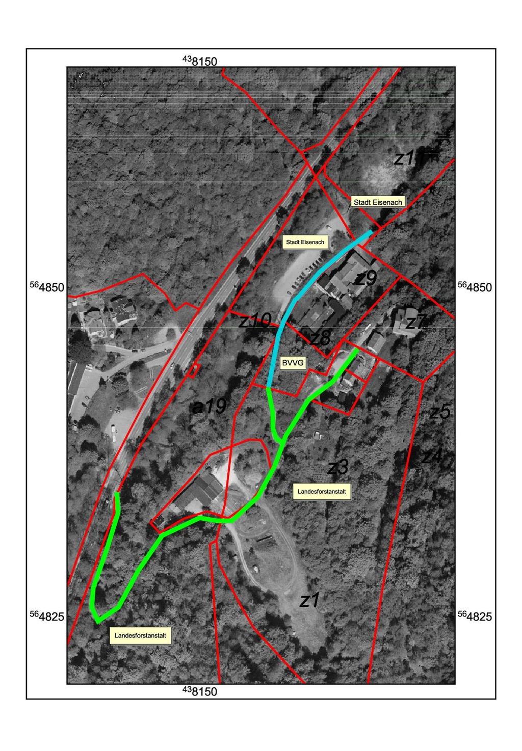 Im Zuge des Verkaufs der Liegenschaft wird folgend Dienstbarkeit bewilligt: Südtrasse (grün im Lageplan dargestellt) anzubindendes (herrschendes) Grundstück in Anspruch genommenes (dienendes)