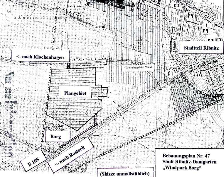 Seite 4 Bebauungsplan Nr. 47 der Stadt Ribnitz-Damgarten, Windpark Borg hier: erneute öffentliche Auslegung des Entwurfes nach 3 (3) BauGB Der überarbeitete Entwurf des Bebauungsplanes Nr.