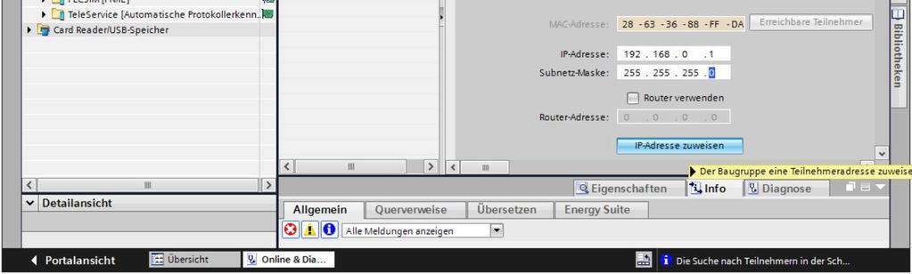 fi Nachdem die CPU zurückgesetzt wurde, klicken Sie bitte nochmals auf fi Erreichbare Teilnehmer aktualisieren und können nun die MAC-Adresse der angeschlossenen SIMATIC S7-1200 sehen.