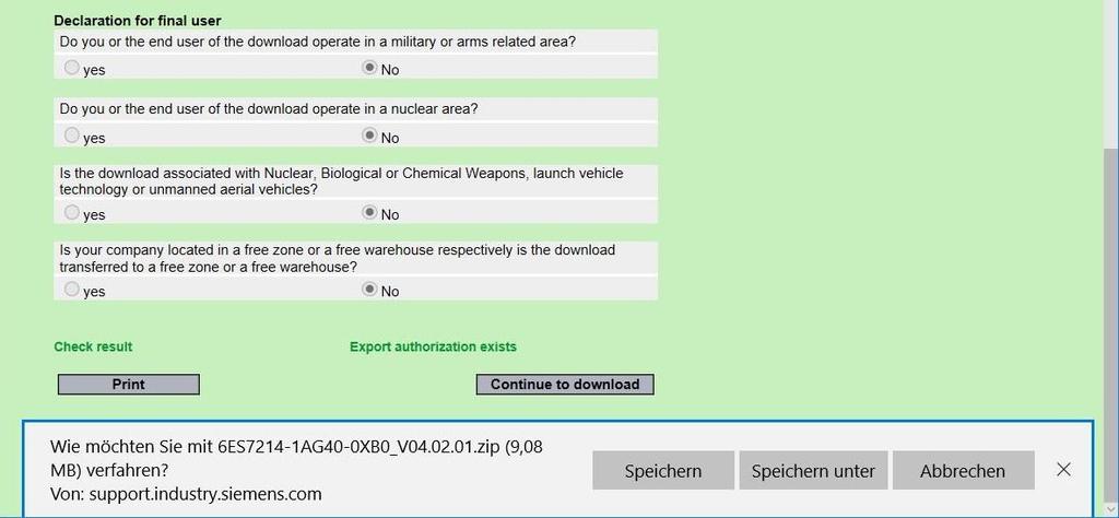 (fi Next ) fi Nachdem Sie die Bestätigung der Exportfreigabe erhalten haben, können