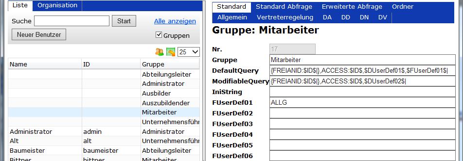 Gruppen Eine(r) Gruppe wird innerhalb der Administration in der Benutzerverwaltung angelegt. beschreibt die zentrale Berechtigungsstufe der zugeordneten Benutzer.