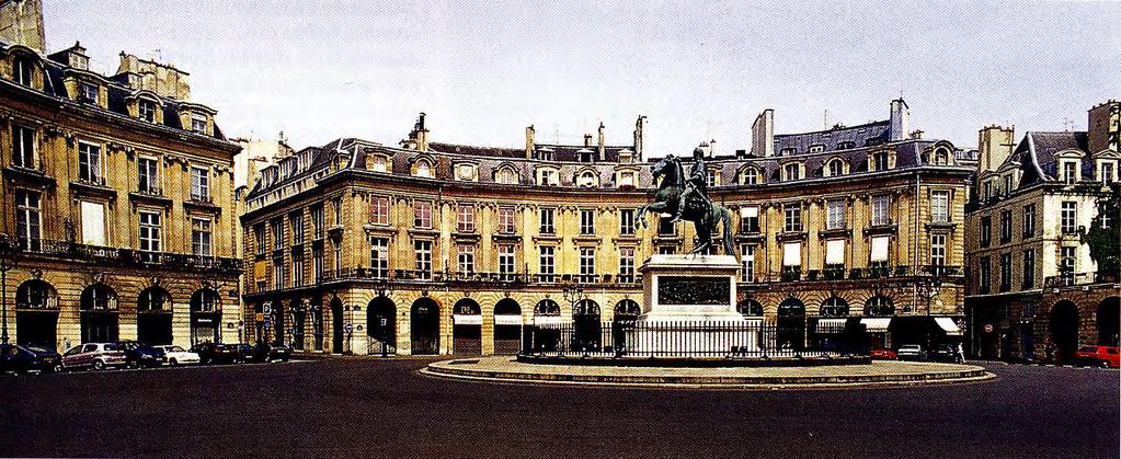 Place des Victoires, Paris Ansicht der Westseite mit dem Ersatzdenkmal von 1822 und späteren Straßendurchbrüchen, die architektonische Gliederung lässt keine Rückschlüsse auf Parzellierung und