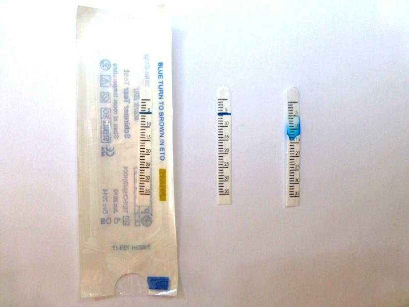 1 2 3 Abbildung 3: Schirmer Tear Test Mark Blu der Firma Optitech Eyecare Tarun Enterprises (1) Teststreifen in steriler Originalverpackung, (2) Teststreifen vor Verwendung, (3) Teststreifen nach
