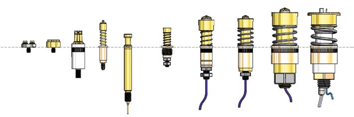 Kontaktstifte für besondere Anwendungen HOCHSTROMSTIFTE Hochstromstifte mit geteiltem Kolben sind so konstruiert, dass die Kolbenelemente bei Kraftwirkung optimal eine niederohmige Verbindung zum