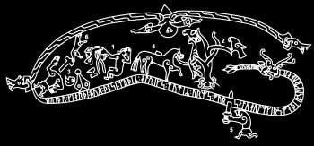 Die Ramsund Skulptur 1) Siegfried brät das Herz des Drachen 2) Die Vögel sagen Sigurd, dass Regin ihn verraten wird 3) Der Tod von Regin.