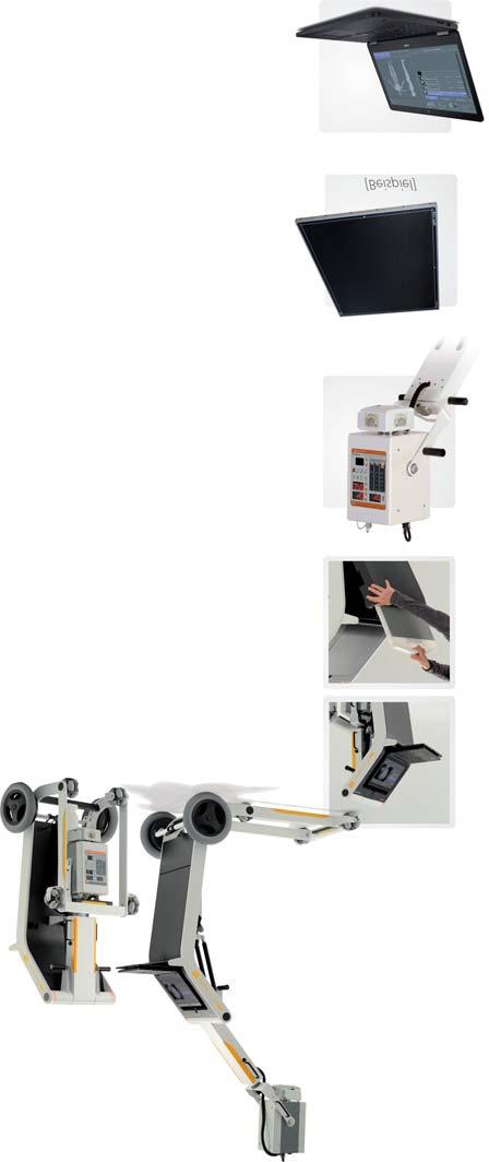 Lieferumfang Die Amadeo M mini-systeme umfassen standardmäßig folgende Komponenten: Komponenten der mobiles Röntgeneinheit Größe: 56,5 x 136,5 cm; mit max.