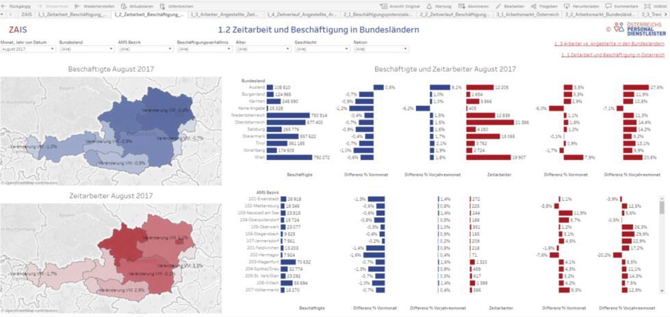 1_2 Zeitarbeit und Beschäftigung in den Bundesländern Durch Klick auf die Bundesländer in Landkarten können ebenso Filter gesetzt werden, die dann bei allen Diagrammen im Dashboard berücksichtigt