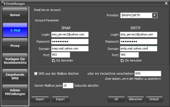 Ein anderes E-Mail-System Wenn Sie ein anderes E-Mail-System als Provider wählen, müssen Sie: 1. IMAP4/SMTP in der Dropdown-Liste Provider auswählen. 2.