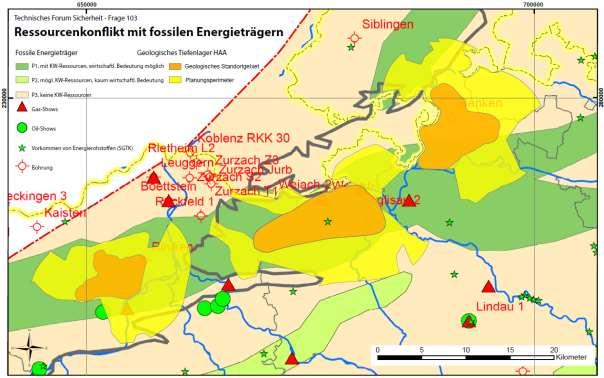 Abb. 5: Darstellung des Potentials für die Förderung von fossilen Energieträgern in der Nordschweiz und der Standortgebiete für HAA.
