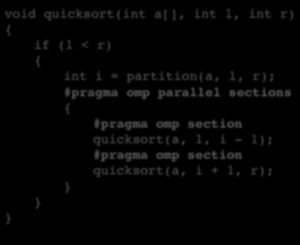 (l < r) { int i = partition(a, l, r); #pragma omp parallel sections { #pragma omp