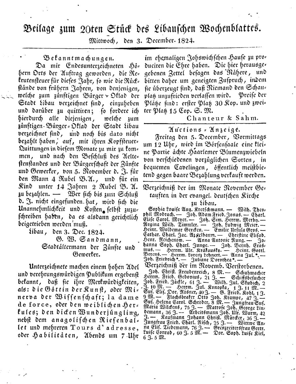 Beilage zum 20ten Stück des Libauschen Wochenblattes. Mittwoch, den 3. December. 1824. Bekanntmachungen.