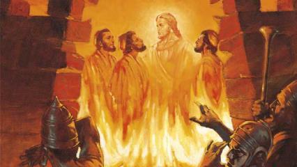Die drei aber fielen gefesselt mitten ins Feuer. Plötzlich sprang Nebukadnezar entsetzt auf und fragte seine Beamten:»Haben wir nicht drei Männer gefesselt in den Ofen geworfen?ja, sicher!