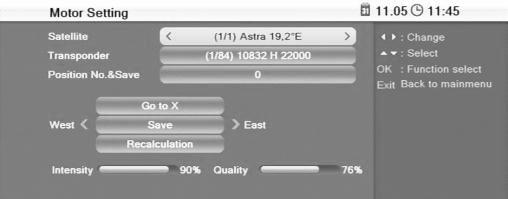 Extended Settings and Functions 7.2.3.2 Motor Antenna At LNB Freq, select the value corresponding to the used LNB. Default value is a universal LNB with 9750-10600 MHz.