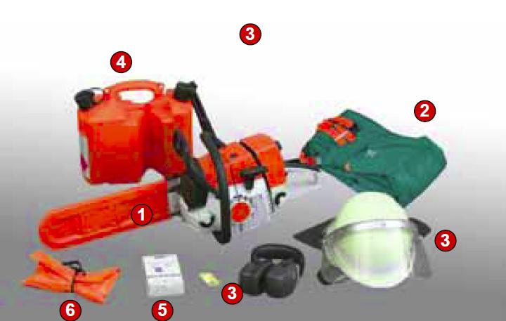 Motorkettensäge Folgende Geräte sind mindestens vorzubereiten: Motorkettensäge (1) Schnittschutzkleidung1 (2) Waldarbeiterhelm1 oder Feuerwehrhelm mit Gesichts- und Gehörschutz1 (3) Reservekanister