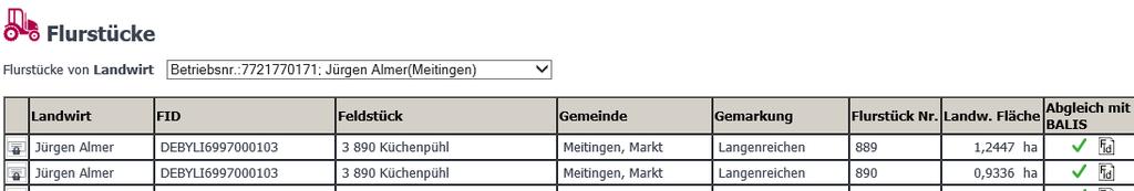 9 Kontext AELF Landwirte und Flurstücke Wie in den Kontexten KLA, MKLA und KVB werden den AELF nun unter Landwirte und Flurstücke die Flurstückdaten mit Angaben zur FID angezeigt.