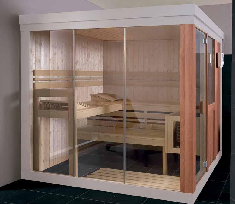Bild zeigt Sauna Starlit mit Zubehör gegen Aufpreis Starlit I-II Premiumdesign-Elementsaunen mit Seiteneinstieg, 72 mm Wandstärke Premiumausstattung: Elementkonstruktion mit energieeffizienter