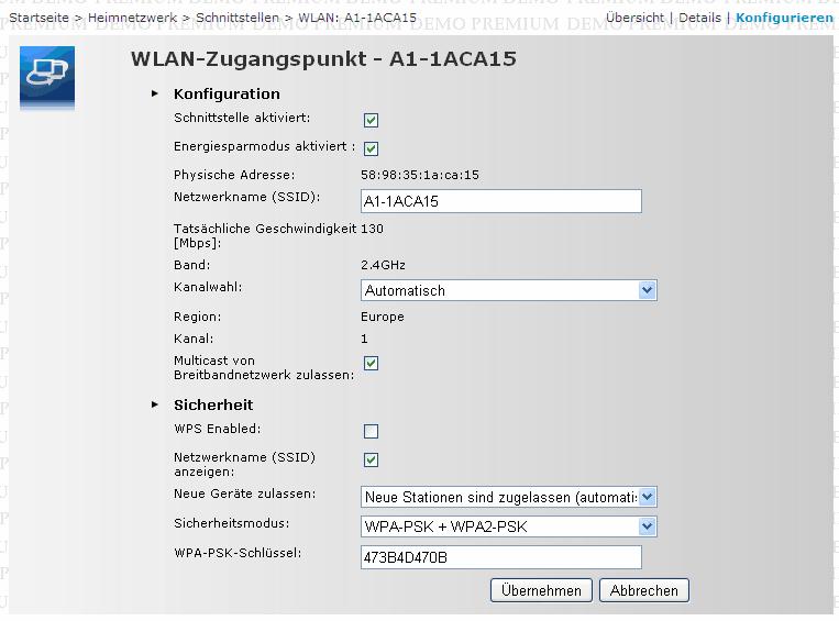 Heimnetzwerk / WLAN Zugangspunkt Hier können Sie den Namen Ihres WLAN-Netzwerks frei wählen. Ändern Sie dazu bei Netzwerkname (SSID) bitte die vorausgefüllte Bezeichnung.