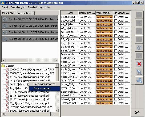 Verwaltete Dateien: Zeigt die Anzahl der Dateien an, die zur Verarbeitung bereitgestellt wurden. Angezeigte Dateien: Gibt die Anzahl der im Viewer geprüften Dateien an.