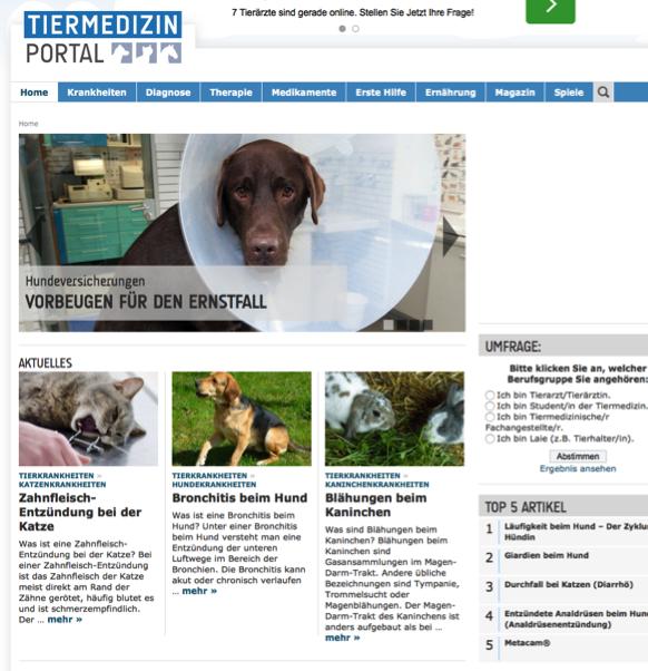 Tiermedizinportal.de Unser Herz- und Glanzstück, das Tiermedizinportal.de, ist eines der führenden deutschsprachigen Portale rund um die Themen Tiermedizin und Tiergesundheit.