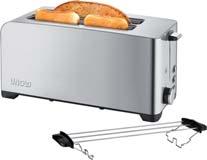 automatische Abschaltung bei Verklemmen einer Brotscheibe, separate Auslösetaste mit Kontrollleuchte Ausführung: Zweischlitz-Toaster 800 W Brötchenaufsatz: Krümelschublade: