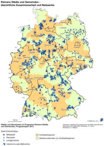 Eckdaten des Programms Kleinere Städte und Gemeinden seit 2010 Programm der Städtebauförderung Kernelement der Initiative Ländliche Infrastruktur des BMUB 2010: 76 Gesamtmaßnahmen 2013: 327