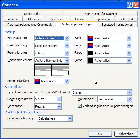 Kommentare (2) Menü Extras Optionen Registerkarte Änderungen verfolgen Einstellen, auf welcher Seite