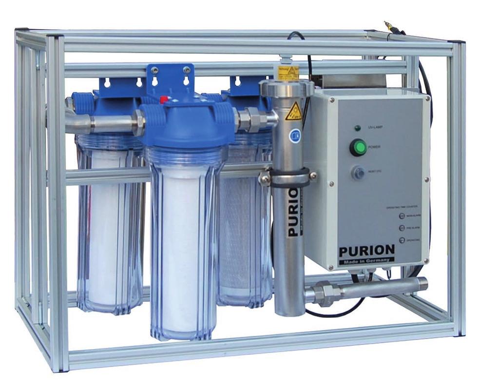 PURION Kompaktsystem MAX active Das vormontierte PURION Kompaktsystem MAX active ermöglicht die sofortige Bereitstellung von und besteht aus UV-Anlage, Filtern und Pumpe.