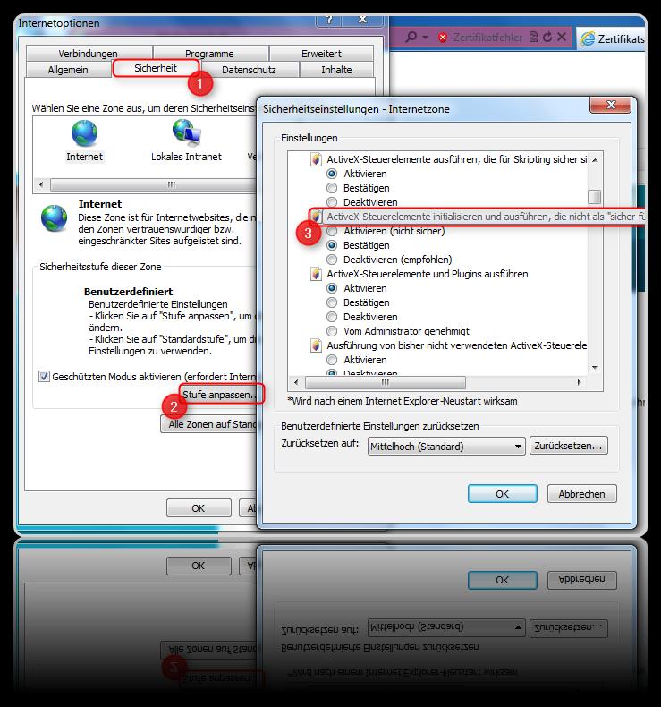 In den Internetoptionen klicken Sie auf das Register SICHERHEIT (1) und anschließend auf die Schaltfläche STUFE ANPASSEN (2) in der Zone "Internet".