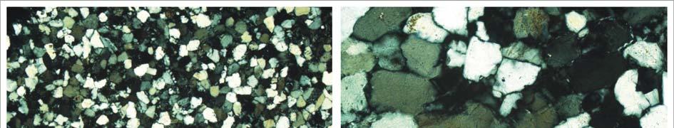 Der Hauptmineralbestand ist Quarz, der überwiegend farblos und häufig von vielen kleinen Rissen durchzogen ist.