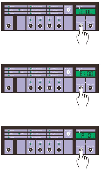 Preset Funktionen Halten Sie die F Taste eingedrückt, drücken Sie mehrmals die PRESET Taste um zwischen Fade Time/ Dimmer/ Preheat/ Speed/ Program/ MIDI Kanal zu wählen.