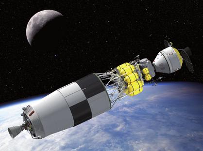 NASA Orion hat an der Kombination aus EDS (Earth-Departure Stage = Oberstufe der Ares 5) und Antares angelegt. Zusammen werden sie nun von der EDS in Richtung Mond beschleunigt.