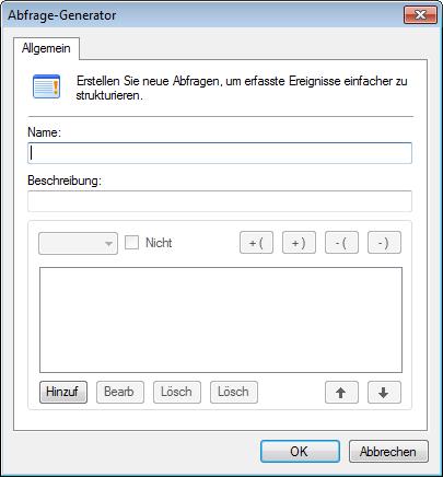 Screenshot 80: Optionen des Abfrage-Generators 4. Geben Sie im Dialogfeld Abfrage-Generator einen Namen und eine Beschreibung für die neue Abfrage ein. 5.