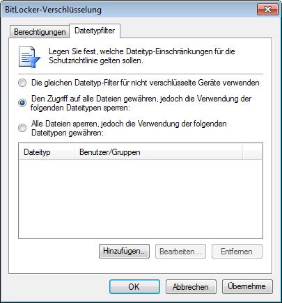 Screenshot 57: Verschlüsselungsoptionen Registerkarte Dateitypfilter 6. Wählen Sie die Registerkarte Dateitypfilter, um die einzuschränkenden Dateitypen zu konfigurieren. 7.