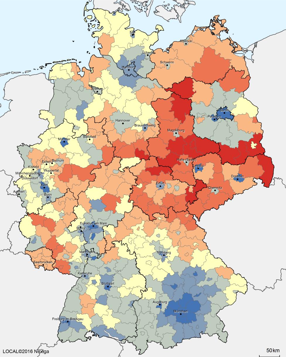 Veränderung der Zahl der Einwohner auf Ebene der Kreise und kreisfreien Städte, 2009-2014