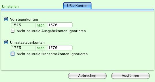 4.2 Konten umstellen ab dem 01.01.2007 Im Dialog Steuern definieren Sie, welche Steuer, welchem Konto zugeordnet wird. Als Erstanwender verwenden Sie die voreingestellte Buchungsdatei.