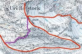 Wir steigen wieder ab zum Uri Rotstock-Sattel: Hier überrascht uns Gery mit seinem Entscheid: Vom Sattel führen zwei Wege zur Biwald- Alp: Rot eingezeichnet die leichte, ursprünglich von