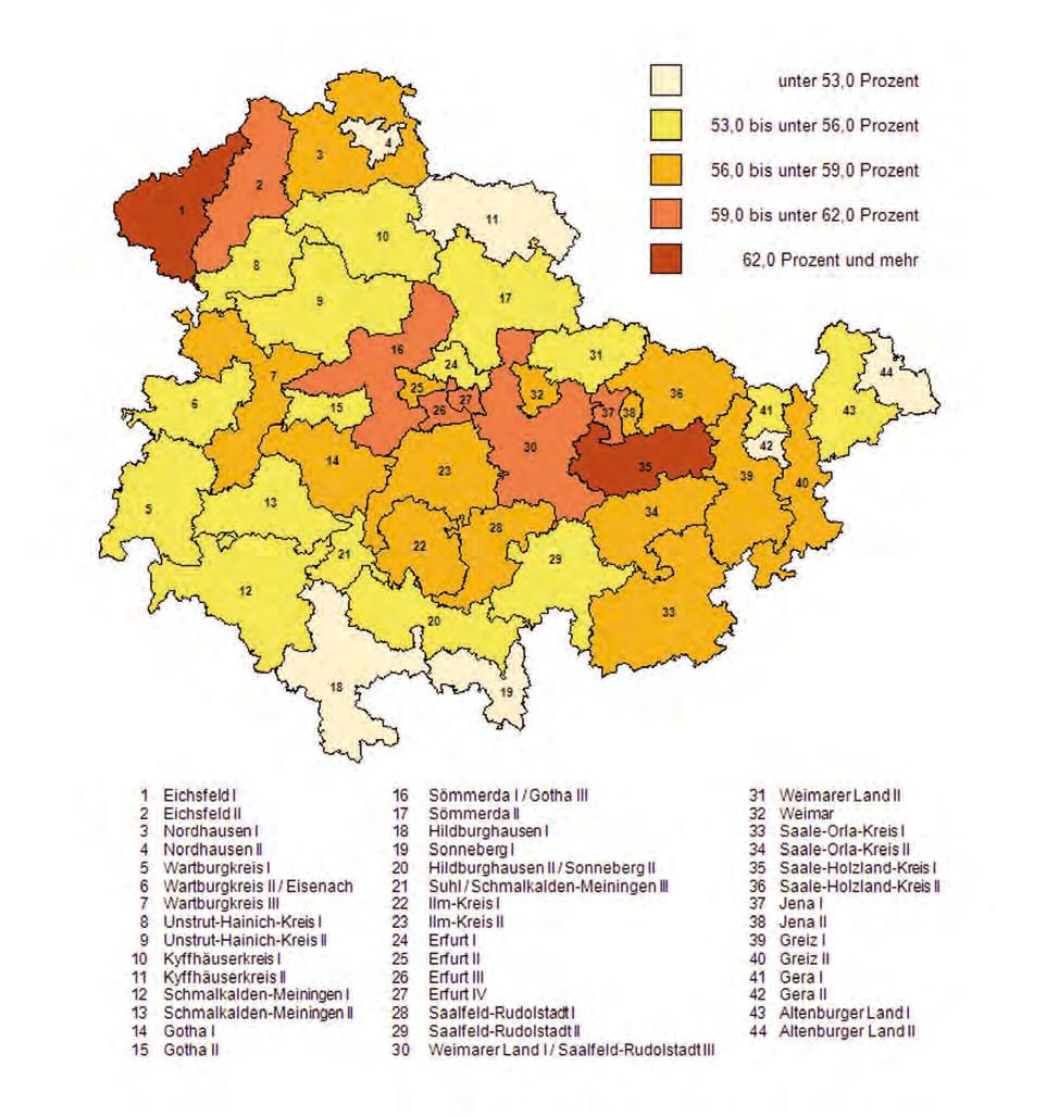 Wahlbeteiligung nach Wahlkreisen Von den 1 073 651 Thüringer Wählern gaben 23 249 bzw. 2,2 Prozent eine ungültige Wahlkreisstimme und 19 354 bzw. 1,8 Prozent eine ungültige Landesstimme ab.