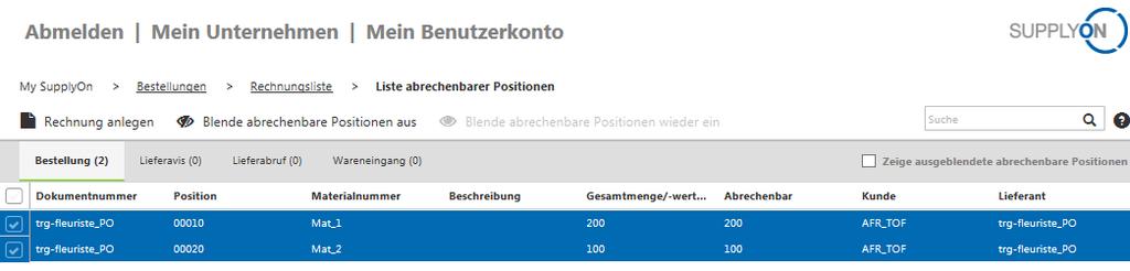 Schritt : Abrechenbaren Positionen auswählen (/) Hier sehen Sie die Liste abrechenbarer Positionen, die alle Positionen enthält, für die Sie eine