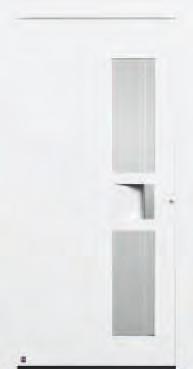 W/ (m² K)* Flächenbündige Griffleiste serienmäßig in Weißaluminium RAL 9006, seidenglänzend, Griffmulde serienmäßig in Türfarbe, Motivglas Float mattiert mit einem klaren Streifen, 4-fach