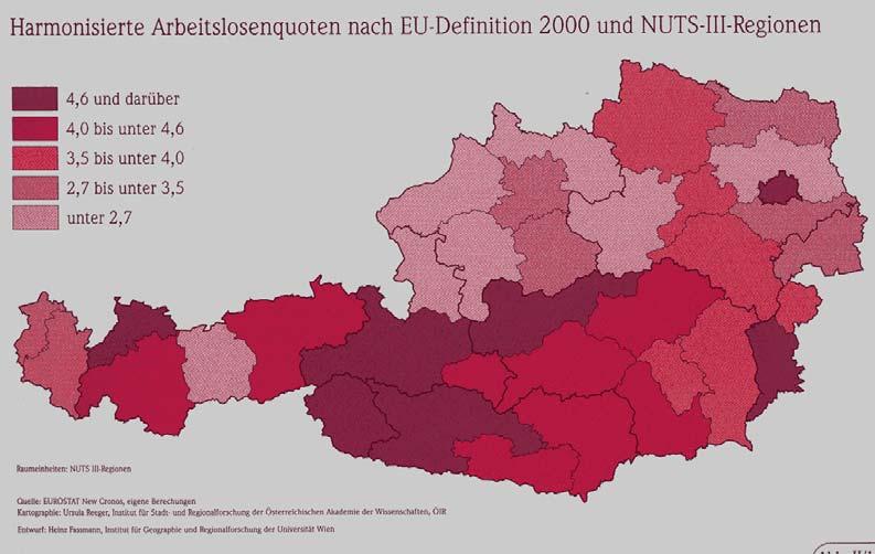 Arbeitslosenquote: 2000 2003: harmonisierte Arbeitslosenquote in NUTS-III- Regionen am höchsten - im Südburgenland, im oberen Mühlviertel und in Wien; -etwas schwächer in alten Industriegebieten und