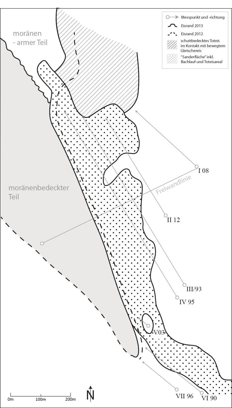 5 Abb. 3: Skizze zur topographischen Situation und Lage der Messmarken an der Stirn der Pasterze 2013 (eigener Entwurf; Zeichnung: SCHITTER) Wasserfallwinkelkees (Messung am 8.9.