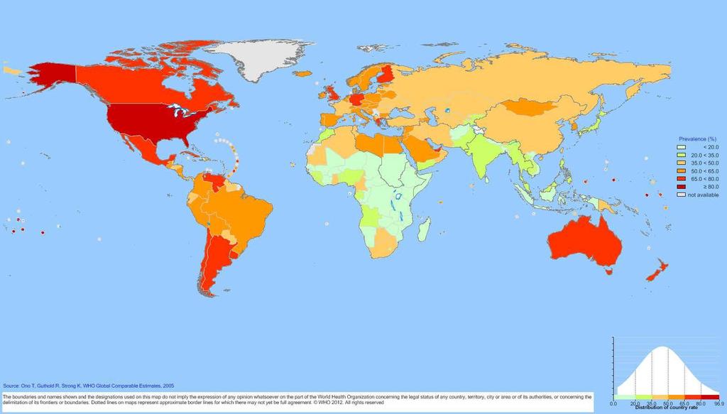 Übergewicht und Adipositas weltweit, 2010 BMI 25 kg/m², Männer ab 15 Jahre Prävalenz (%) <20.0 20.0 < 35.0 35.