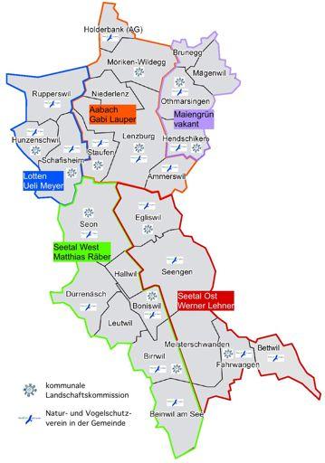 Übersichtskarte Die Teilregionen (mit Ansprechpartner aus der Ls.kom) und die Gemeinden der Region Lenzburg- Seetal.