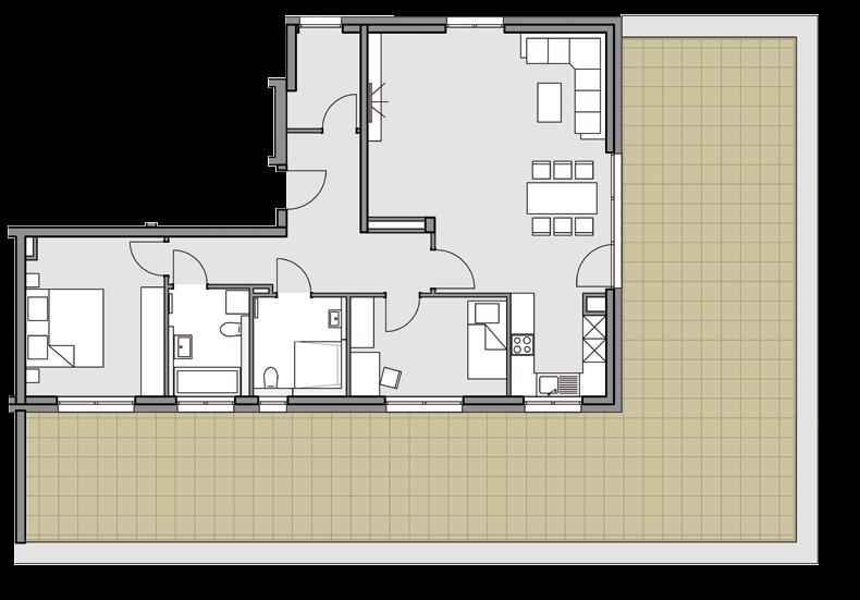 50 51 Whg 310 Attikageschoss Wohnen/Essen 38,07 m² Küche 6,09 m² Zimmer 10,24 m² Schlafen 14,60 m² Abst.