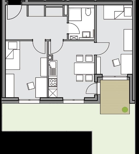 16 17 Whg 202 Erdgeschoss Essen/Kochen 12,51 m² Zimmer 1 11,59 m² Abst. 1 Abst.