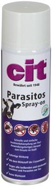 15443 1000 ml 1/14 15444 2500 ml 1/4 79,90 189,00 Permethrin cit Parasitos Spray-on* Schnelle und einfache Insektenbekämpfung am Tier! Anwendungsfertiges Aerosol zum Einsatz im Stall!