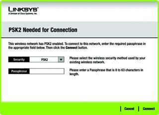 WPA-Personal Needed for Connection (WPA-Personal für Verbindung erforderlich) Wählen Sie die gewünschte Verschlüsselungsmethode aus. Geben Sie anschließend eine Passphrase ein.