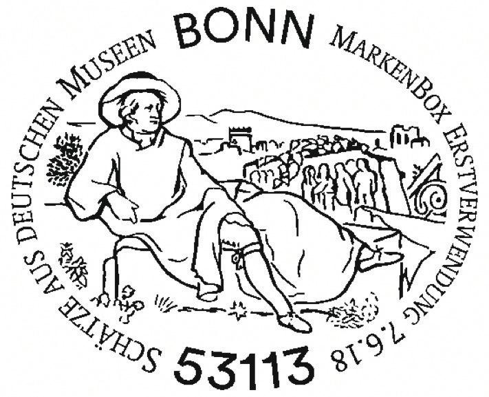 2. ERSTVERWENDUNGSSTEMPEL Markenbox Goethe in der Campagna mit 100 selbstklebenden Sondermarken Erstverwendungstag 07.06.