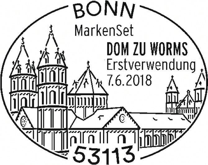 2. ERSTVERWENDUNGSSTEMPEL Markenset Dom zu Worms mit 10 selbstklebenden Sonderpostwertzeichen Dom zu Worms Zur Freimachung von Postkarten und Standardbriefen international gibt die Deutsche Post AG